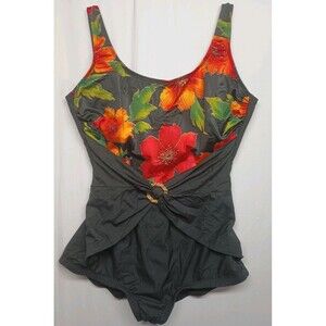 Slim Allure Black One Piece Swimsuit Large Womens Beach Resort Wear Tropical